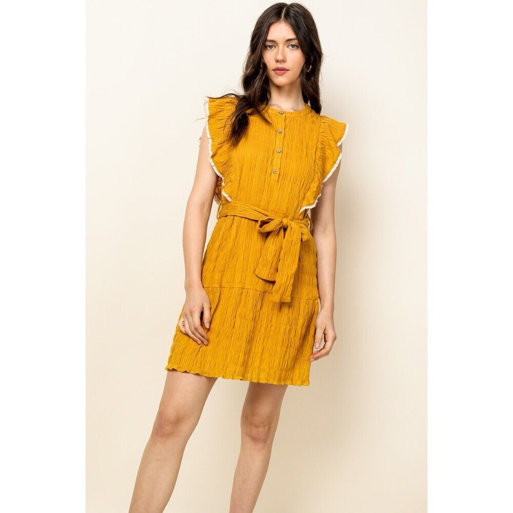 THML Mustard Yellow Ruffle Pleat Cotton Dress Cottagecore Milkmaid Medium Boho